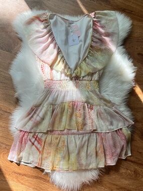 Lavender Brown Mae tierred chiffon pastel floral print mini dress deep v neck sm